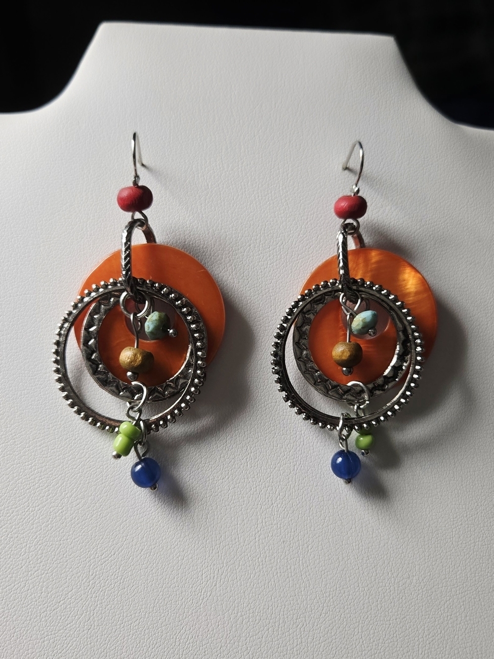 Artisan Orange and Multicolor Bead Dangle Hoop Earrings - Picture 10 of 11